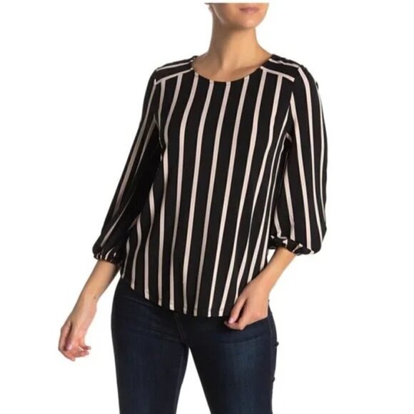 Adrianna Papell Striped Balloon Sleeve Black & Cream Blouse Size Small - Picture 1 of 9
